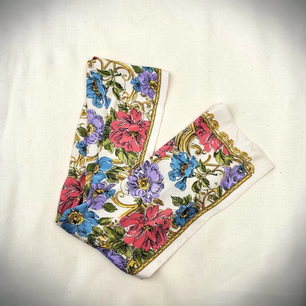 Vintage Style Floral Baroque Oblong Scarf Cream Pink Blue Gold Silk Feel Long